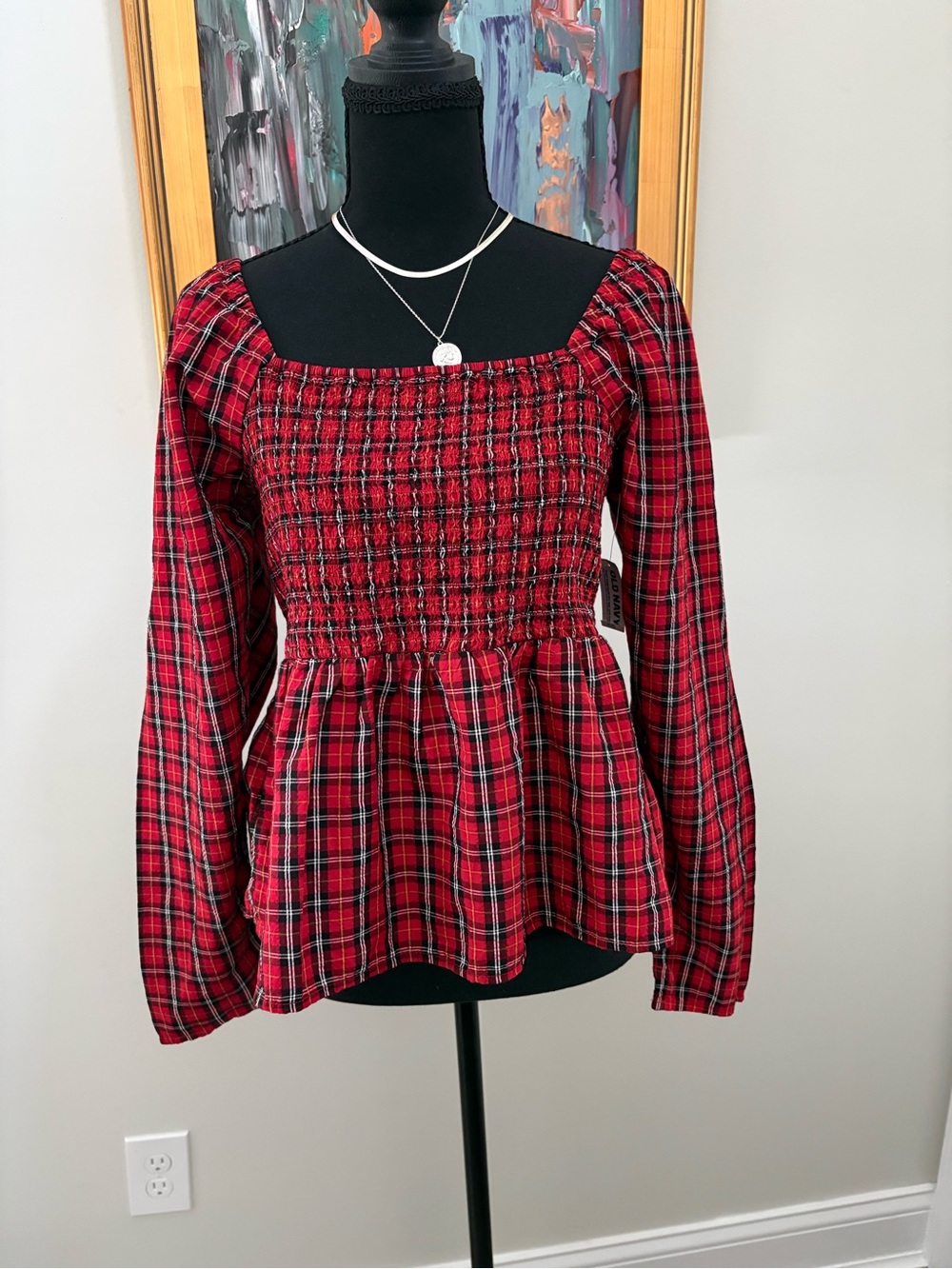 Red Plaid Smocked Square-Neck Women’s babydoll Top
